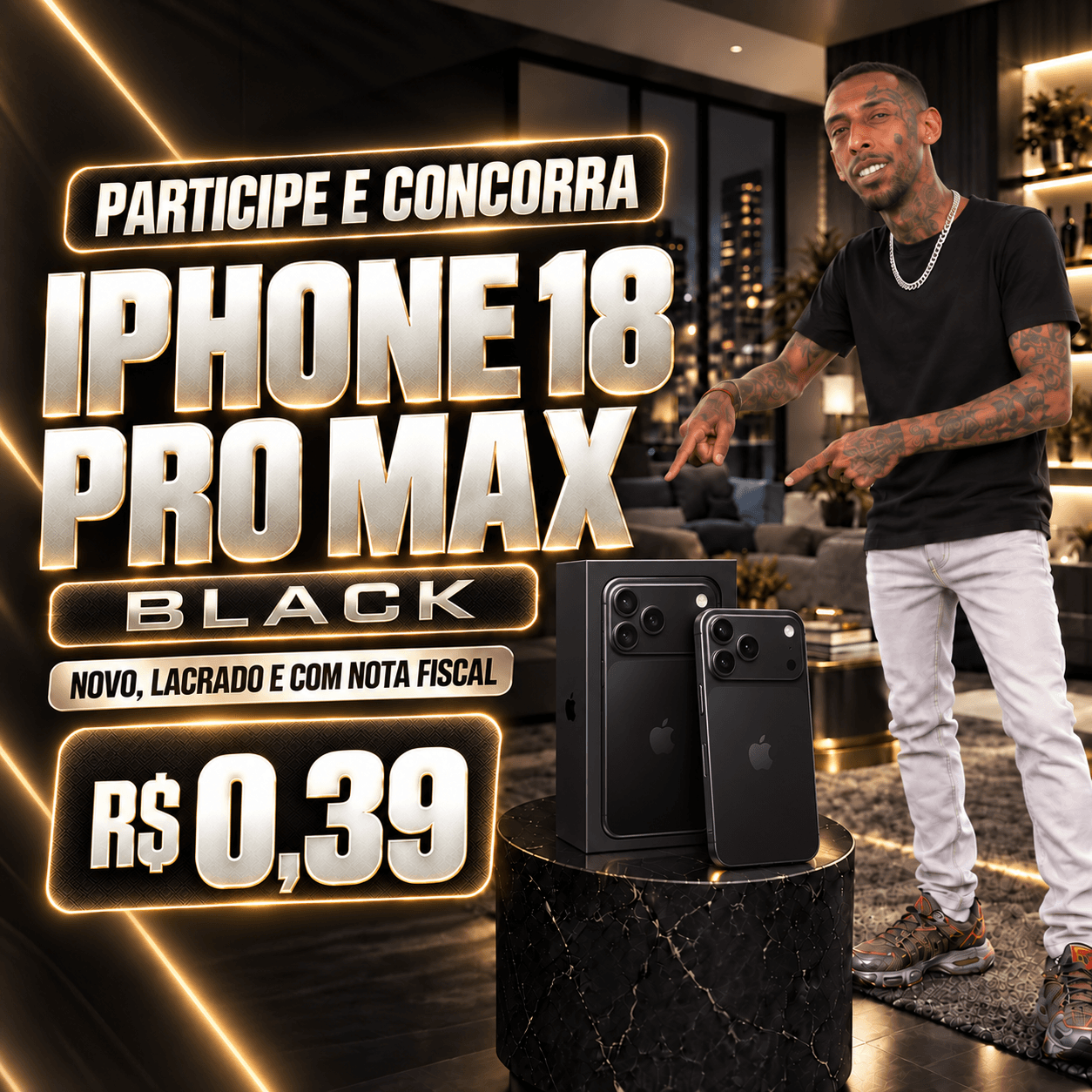 Arte ilustrativa da campanha Faz Favor Fia: iPhone 18 Pro Max Black novo e lacrado, com números a R$ 0,39